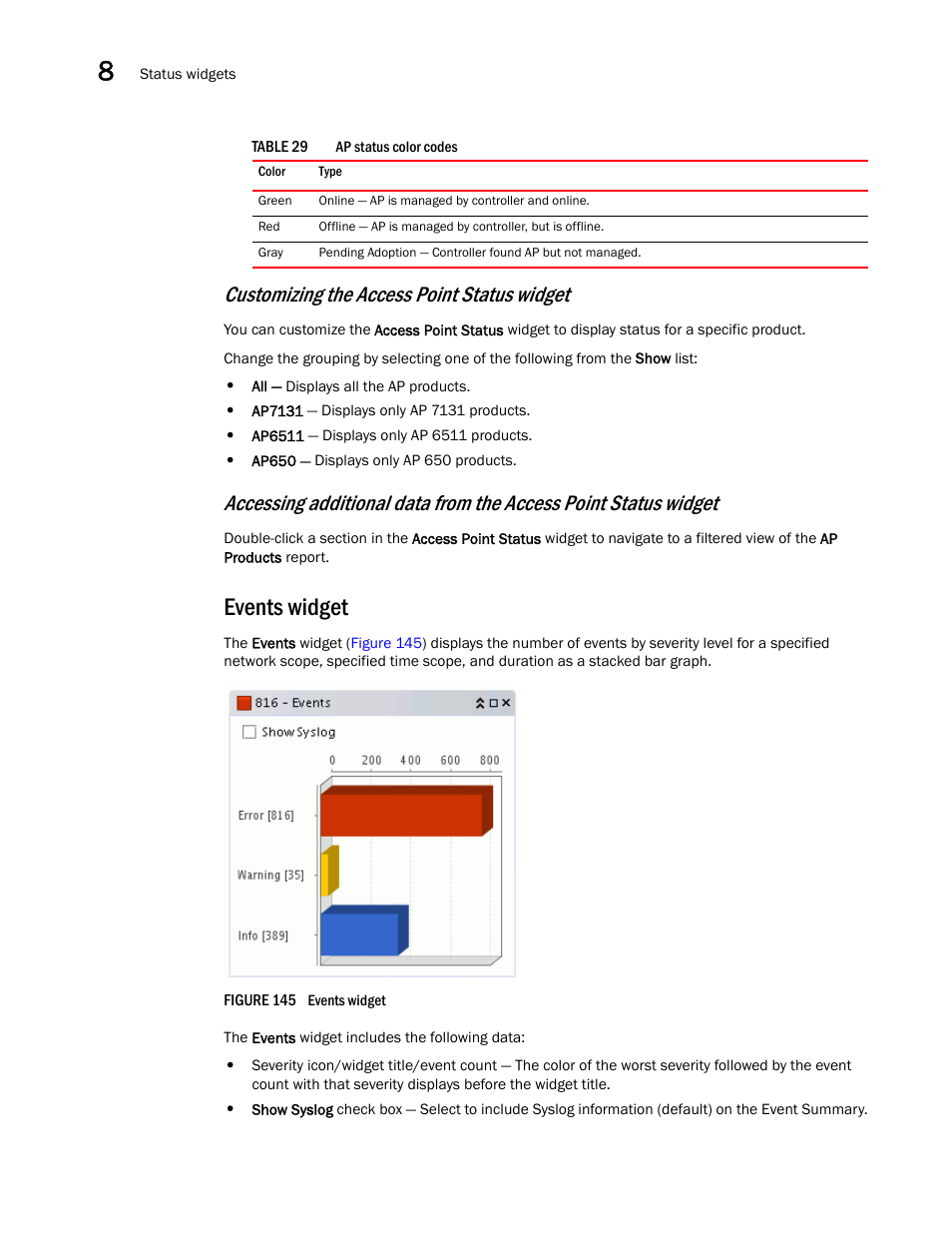 Events widget, Table 29, Customizing the access point status widget | Brocade Network Advisor IP User Manual v12.3.0 User Manual | Page 384 / 1928