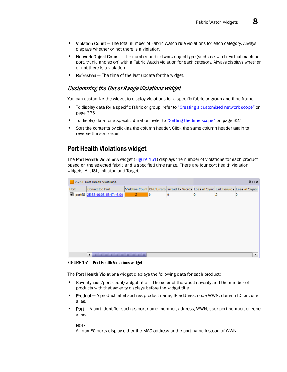 Port health violations widget, Customizing the out of range violations widget | Brocade Network Advisor IP User Manual v12.3.0 User Manual | Page 393 / 1928