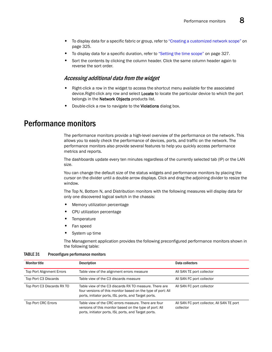 Performance monitors, Performance, Monitors | Accessing additional data from the widget | Brocade Network Advisor IP User Manual v12.3.0 User Manual | Page 395 / 1928