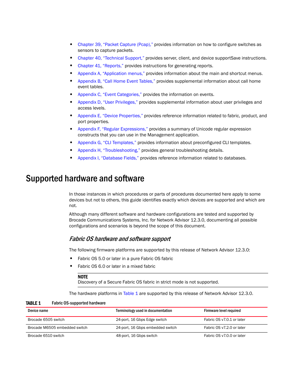 Supported hardware and software, Fabric os hardware and software support | Brocade Network Advisor IP User Manual v12.3.0 User Manual | Page 41 / 1928