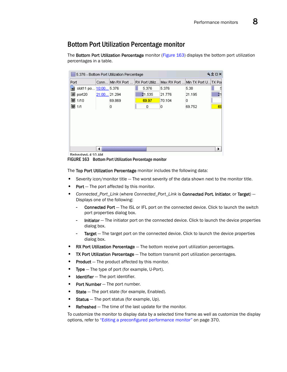 Bottom port utilization percentage monitor | Brocade Network Advisor IP User Manual v12.3.0 User Manual | Page 415 / 1928