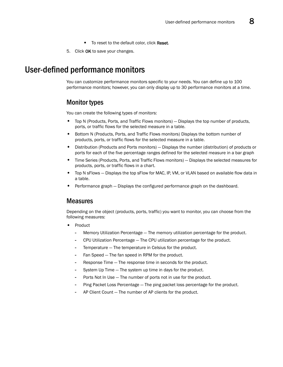 User-defined performance monitors, Measures, Monitor types | Brocade Network Advisor IP User Manual v12.3.0 User Manual | Page 423 / 1928