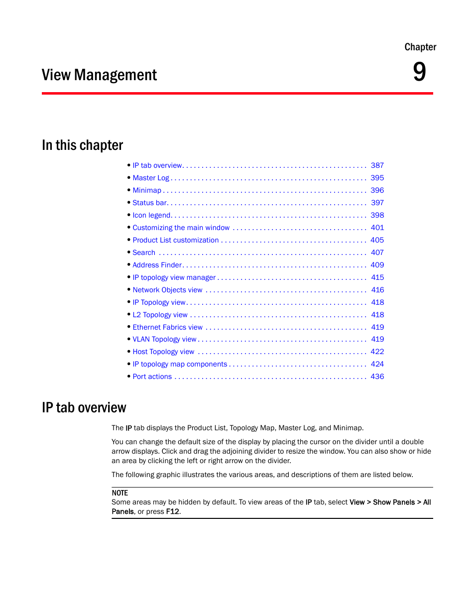 View management, Ip tab overview, Chapter 9 | Chapter 9, “view management | Brocade Network Advisor IP User Manual v12.3.0 User Manual | Page 439 / 1928