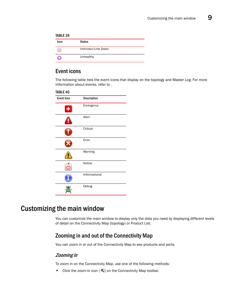 Event icons, Customizing the main window, Zooming in and out of the connectivity map | Zooming | Brocade Network Advisor IP User Manual v12.3.0 User Manual | Page 453 / 1928