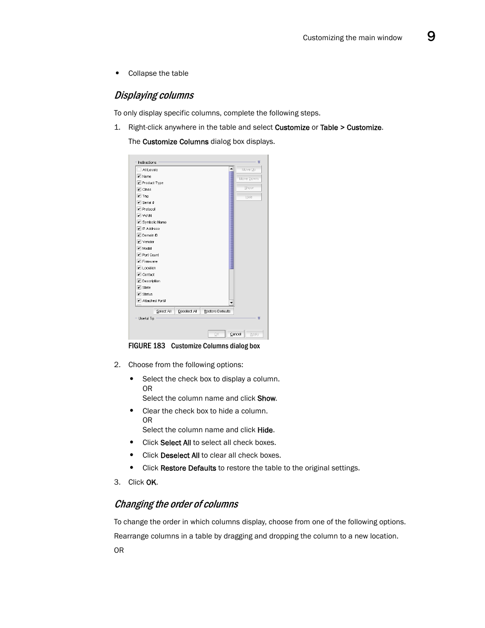 Displaying columns, Changing the order of, Columns | Changing the order of columns | Brocade Network Advisor IP User Manual v12.3.0 User Manual | Page 455 / 1928