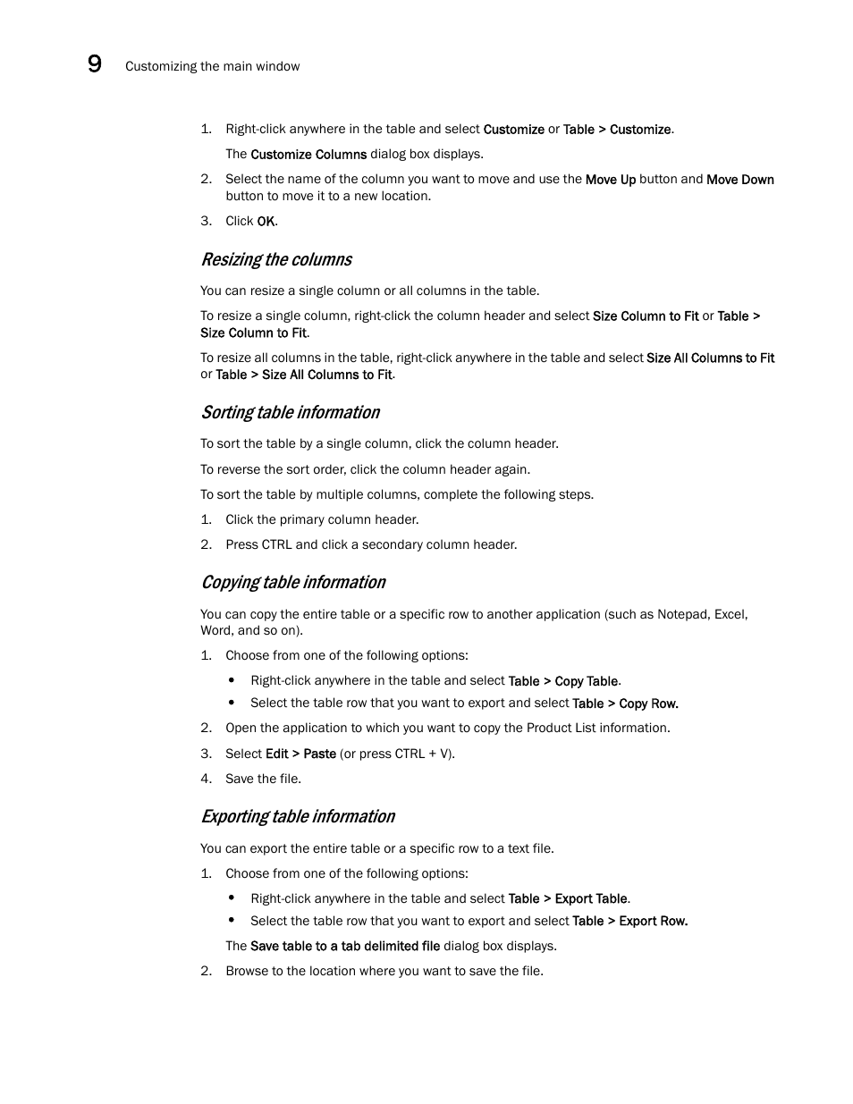 Resizing the columns, Sorting table information, Copying table information | Exporting table information | Brocade Network Advisor IP User Manual v12.3.0 User Manual | Page 456 / 1928