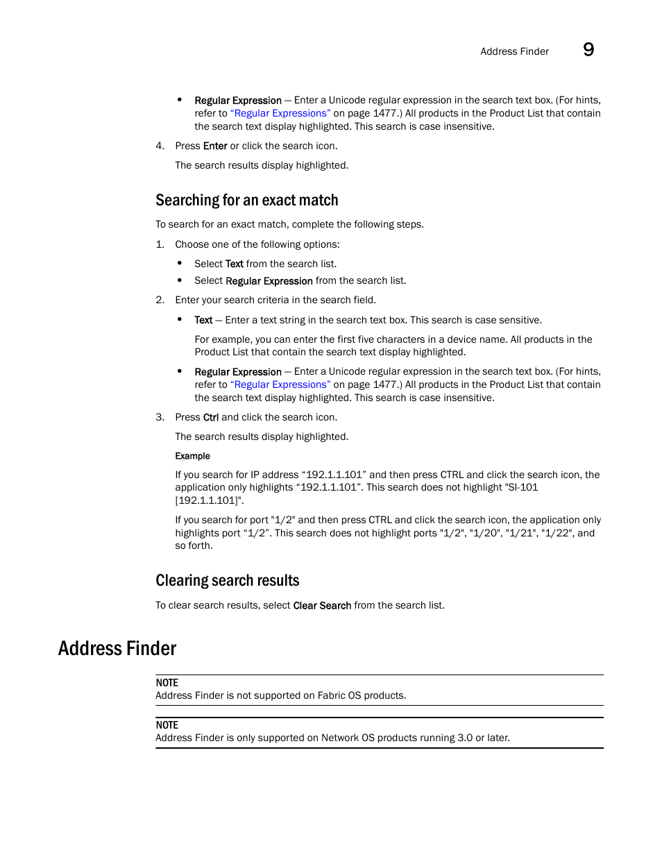 Searching for an exact match, Address finder, Clearing search results | Brocade Network Advisor IP User Manual v12.3.0 User Manual | Page 461 / 1928