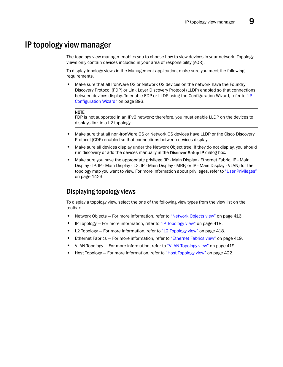 Ip topology view manager, Displaying topology views | Brocade Network Advisor IP User Manual v12.3.0 User Manual | Page 467 / 1928