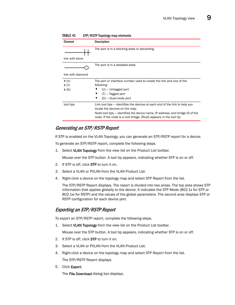 Generating an stp/rstp report, Exporting an stp/rstp report | Brocade Network Advisor IP User Manual v12.3.0 User Manual | Page 473 / 1928