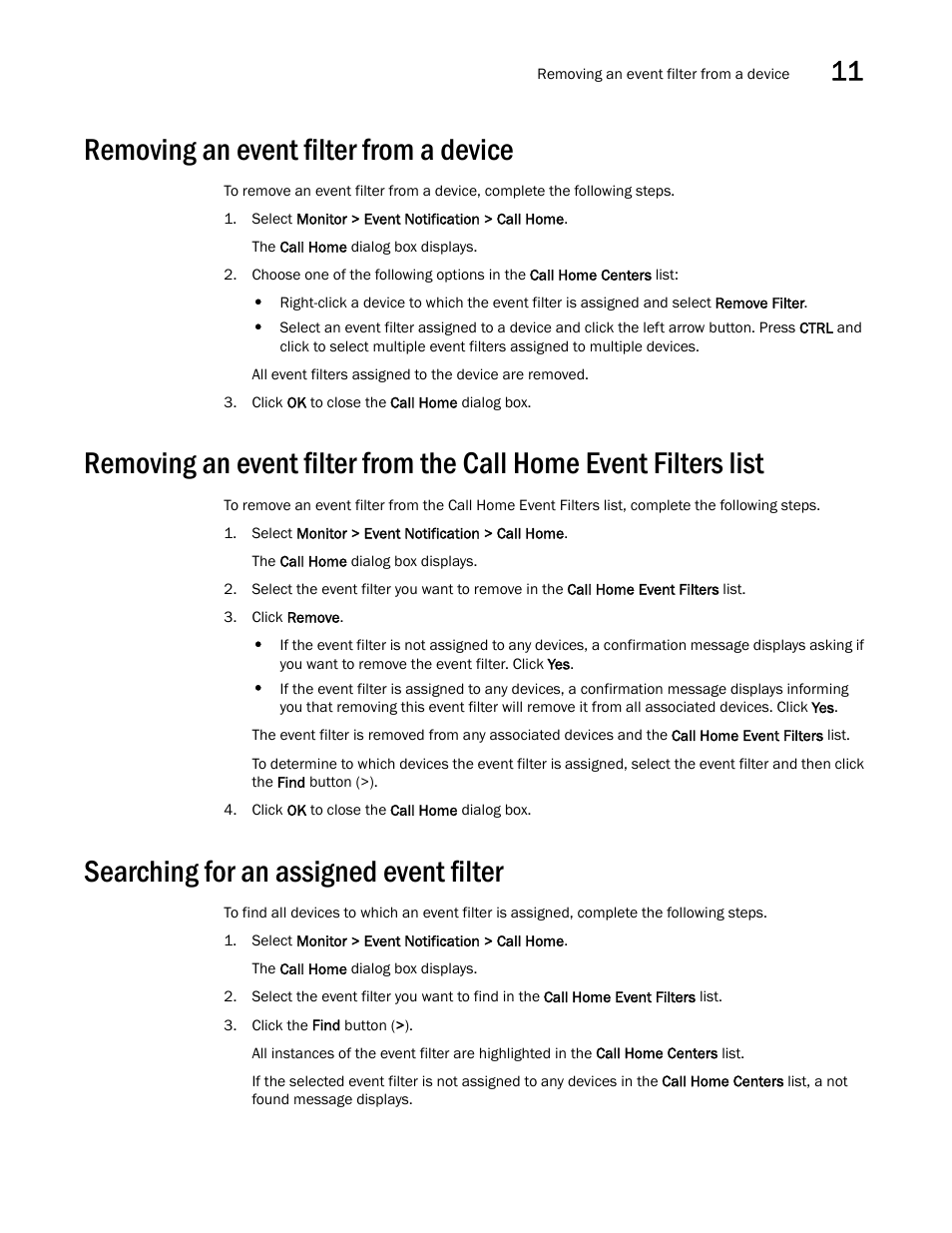 Removing an event filter from a device, Searching for an assigned event filter, Removing an event filter from | The call home event filters list, Removing an event filter from a, Device | Brocade Network Advisor IP User Manual v12.3.0 User Manual | Page 523 / 1928