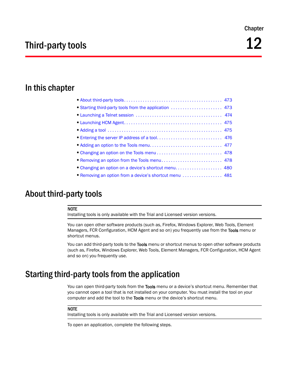 Third-party tools, About third-party tools, Starting third-party tools from the application | Chapter 12, Chapter 12, “third-party tools | Brocade Network Advisor IP User Manual v12.3.0 User Manual | Page 525 / 1928