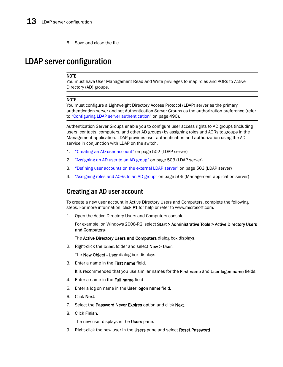 Ldap server configuration, Creating an ad user account | Brocade Network Advisor IP User Manual v12.3.0 User Manual | Page 554 / 1928