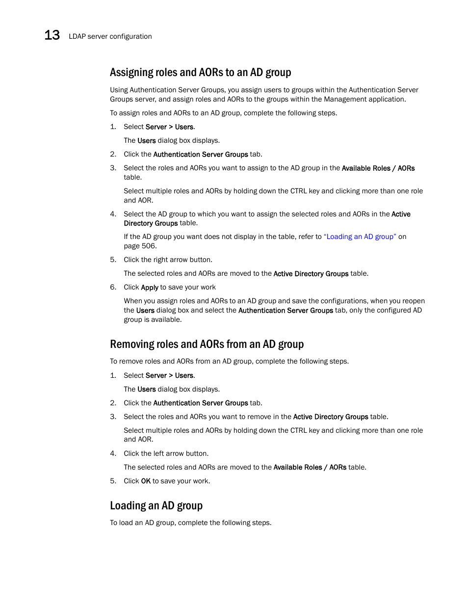 Assigning roles and aors to an ad group, Removing roles and aors from an ad group, Loading an ad group | Brocade Network Advisor IP User Manual v12.3.0 User Manual | Page 558 / 1928