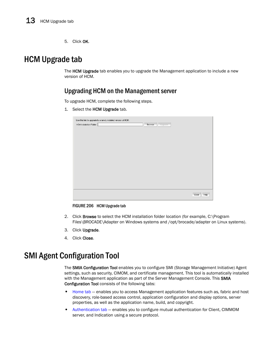 Hcm upgrade tab, Smi agent configuration tool, Upgrading hcm on the management server | Brocade Network Advisor IP User Manual v12.3.0 User Manual | Page 562 / 1928