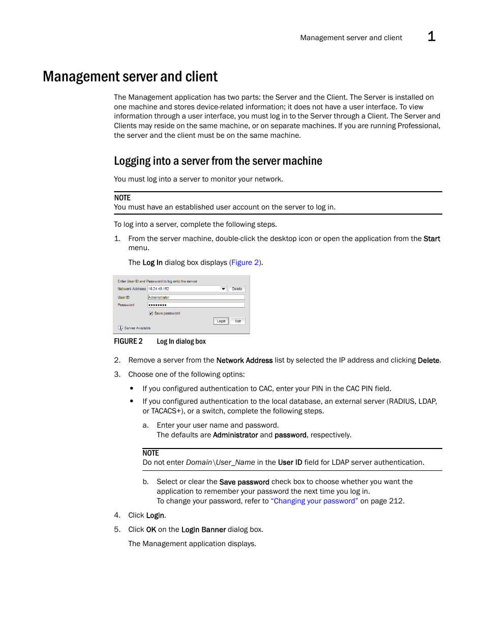 Management server and client, Logging into a server from the server machine | Brocade Network Advisor IP User Manual v12.3.0 User Manual | Page 57 / 1928