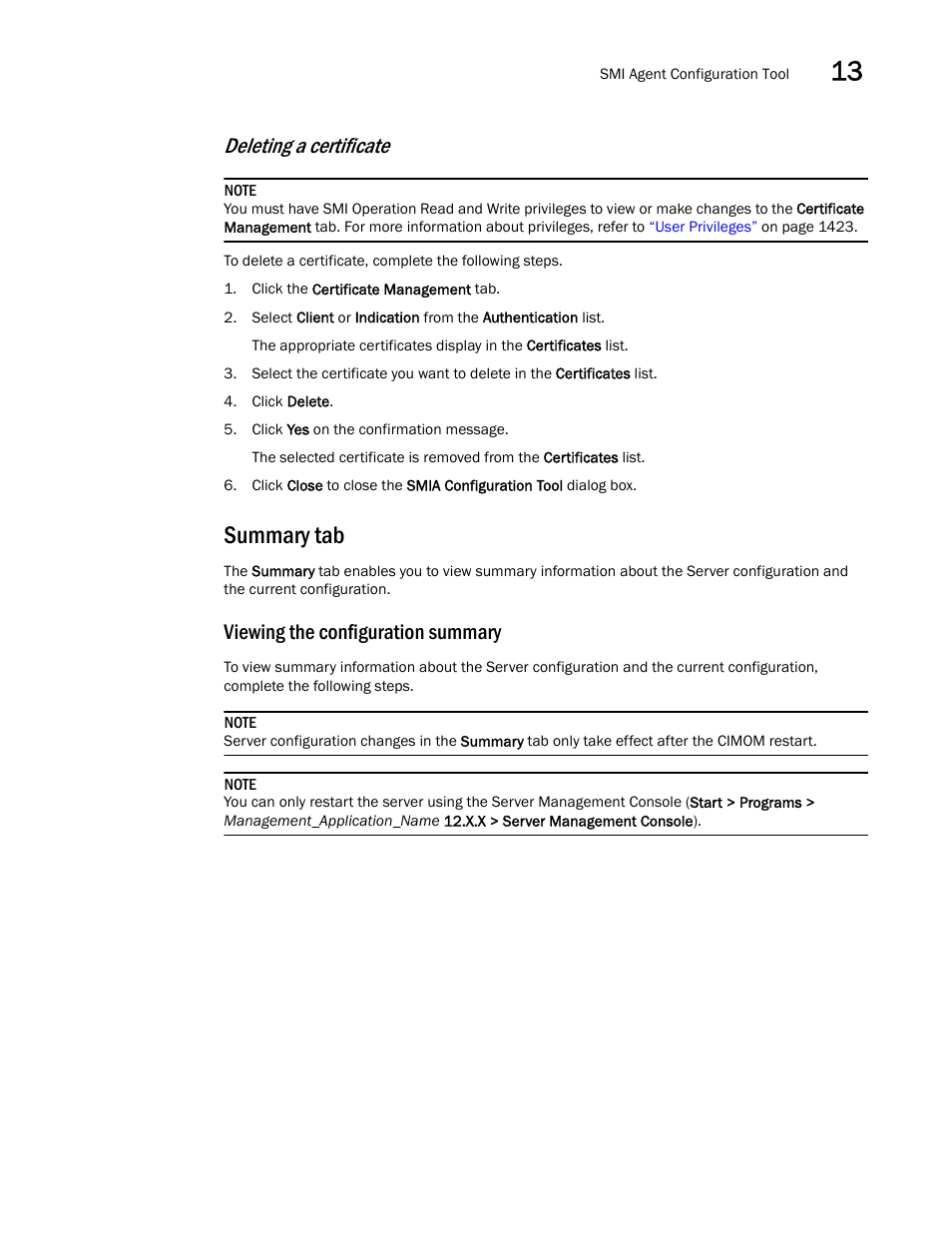 Summary tab, Enables y, Deleting a certificate | Viewing the configuration summary | Brocade Network Advisor IP User Manual v12.3.0 User Manual | Page 577 / 1928