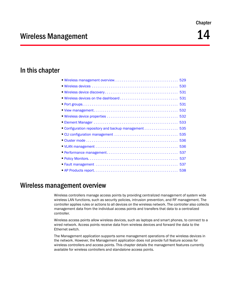 Wireless management, Wireless management overview, Chapter 14 | Chapter 14, “wireless management | Brocade Network Advisor IP User Manual v12.3.0 User Manual | Page 581 / 1928