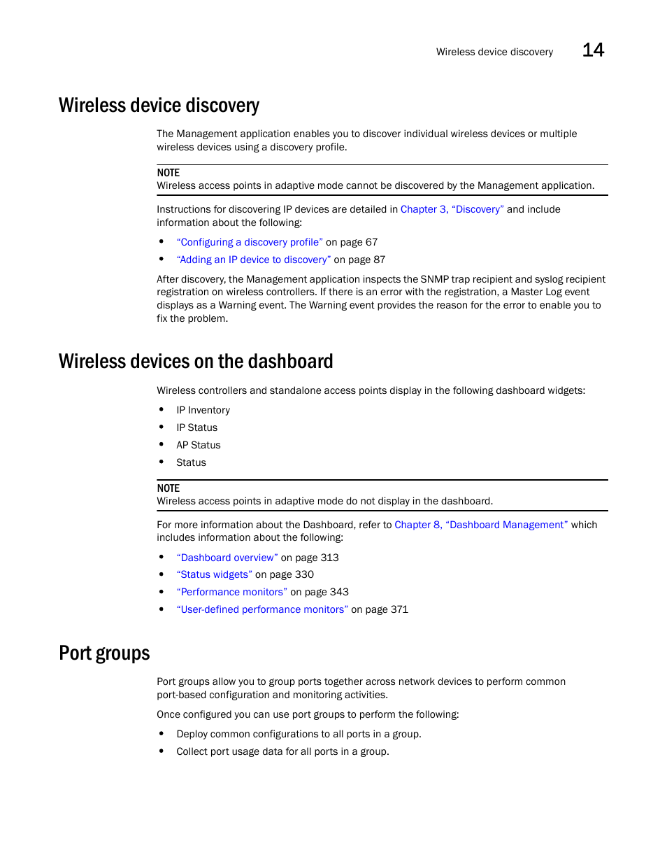 Wireless device discovery, Wireless devices on the dashboard, Port groups | Brocade Network Advisor IP User Manual v12.3.0 User Manual | Page 583 / 1928