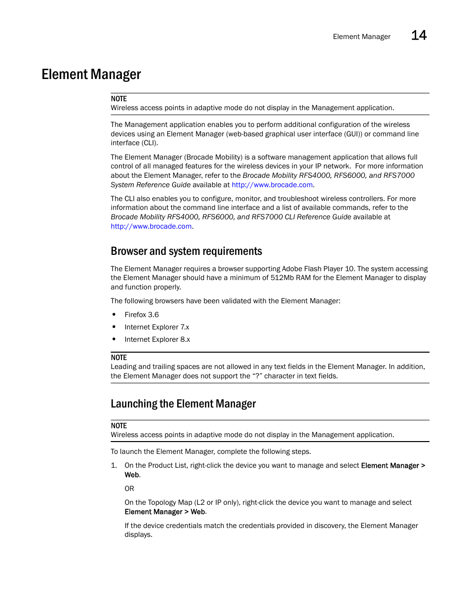 Element manager, Launching the element manager, Browser and system requirements | Brocade Network Advisor IP User Manual v12.3.0 User Manual | Page 585 / 1928