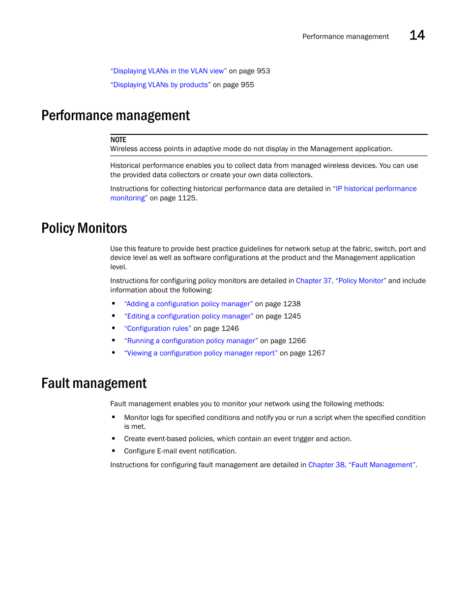 Performance management, Policy monitors, Fault management | Brocade Network Advisor IP User Manual v12.3.0 User Manual | Page 589 / 1928