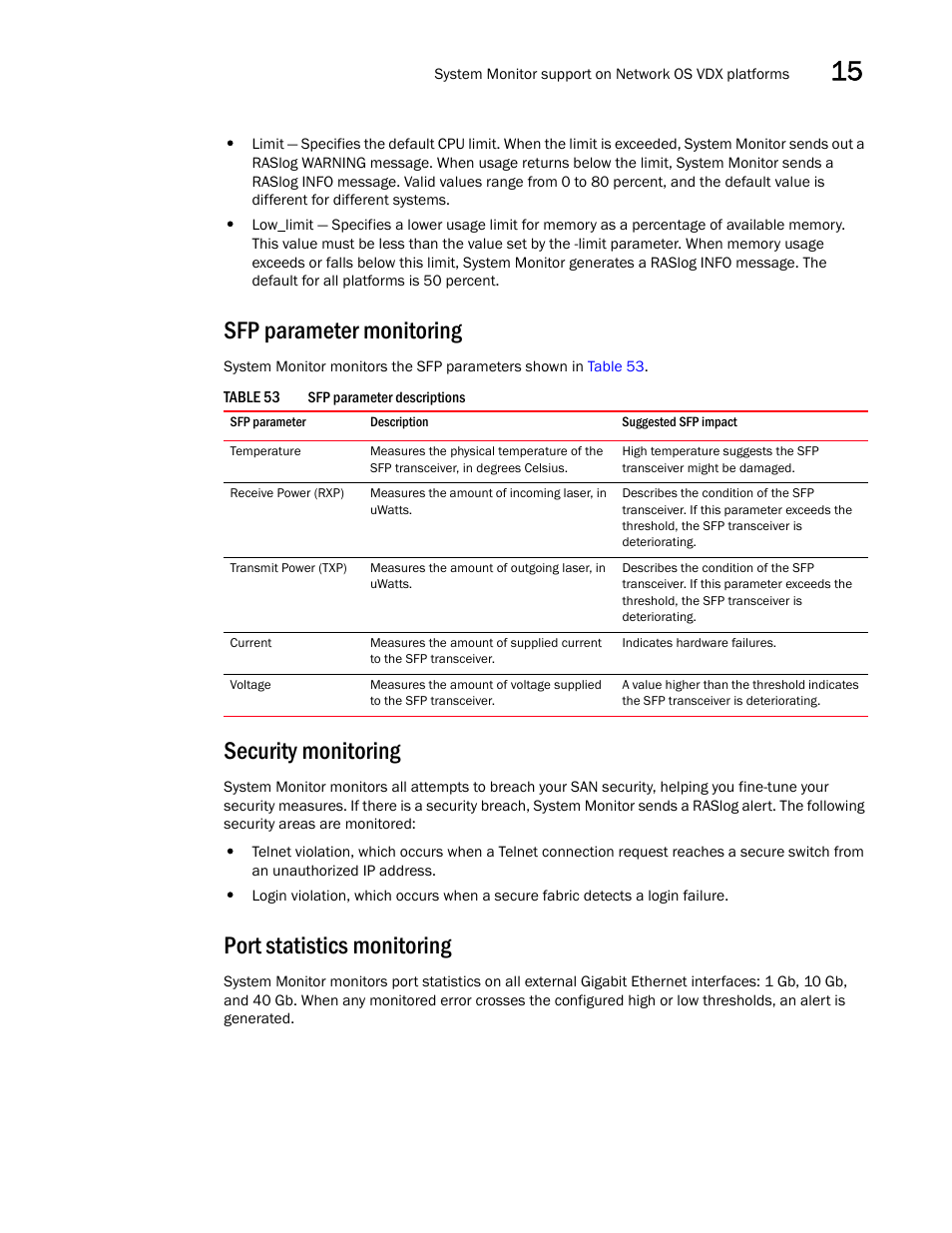 Sfp parameter monitoring, Security monitoring, Port statistics monitoring | Brocade Network Advisor IP User Manual v12.3.0 User Manual | Page 611 / 1928