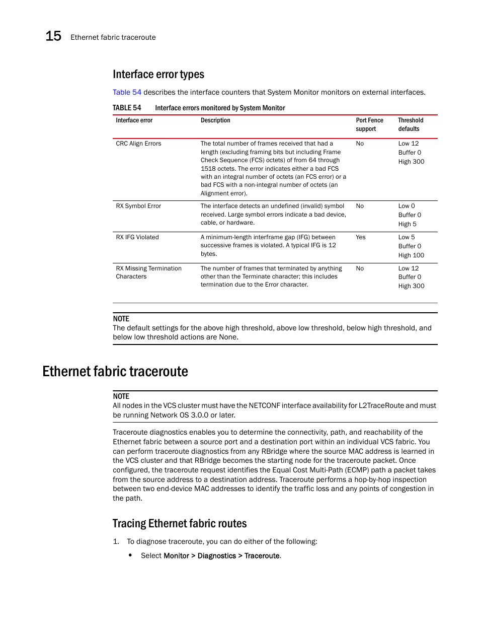 Interface error types, Ethernet fabric traceroute, Tracing ethernet fabric routes | Brocade Network Advisor IP User Manual v12.3.0 User Manual | Page 612 / 1928