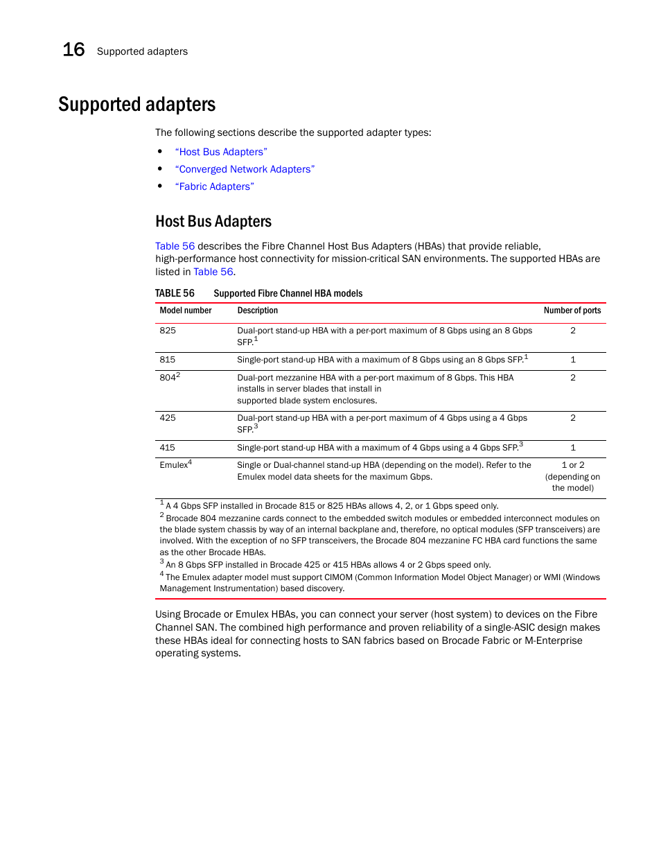 Supported adapters, Host bus adapters | Brocade Network Advisor IP User Manual v12.3.0 User Manual | Page 620 / 1928