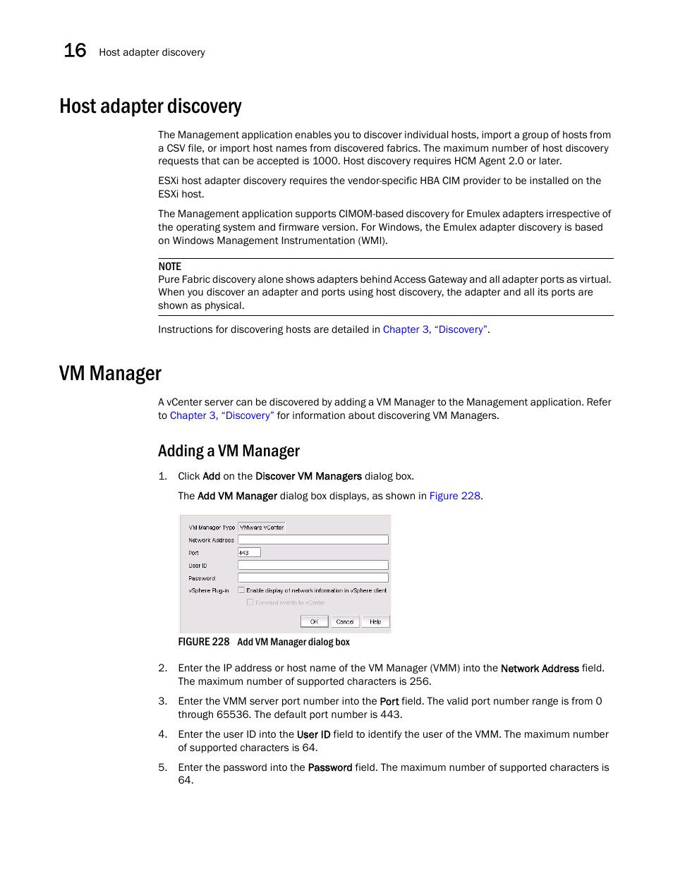 Host adapter discovery, Vm manager, Adding a vm manager | Brocade Network Advisor IP User Manual v12.3.0 User Manual | Page 624 / 1928