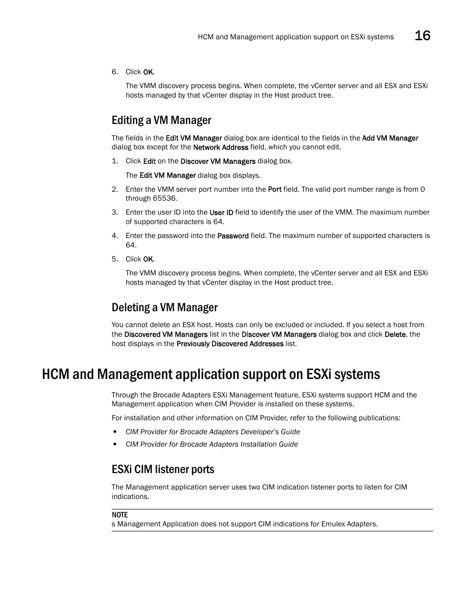 Editing a vm manager, Deleting a vm manager, Esxi cim listener ports | Brocade Network Advisor IP User Manual v12.3.0 User Manual | Page 625 / 1928