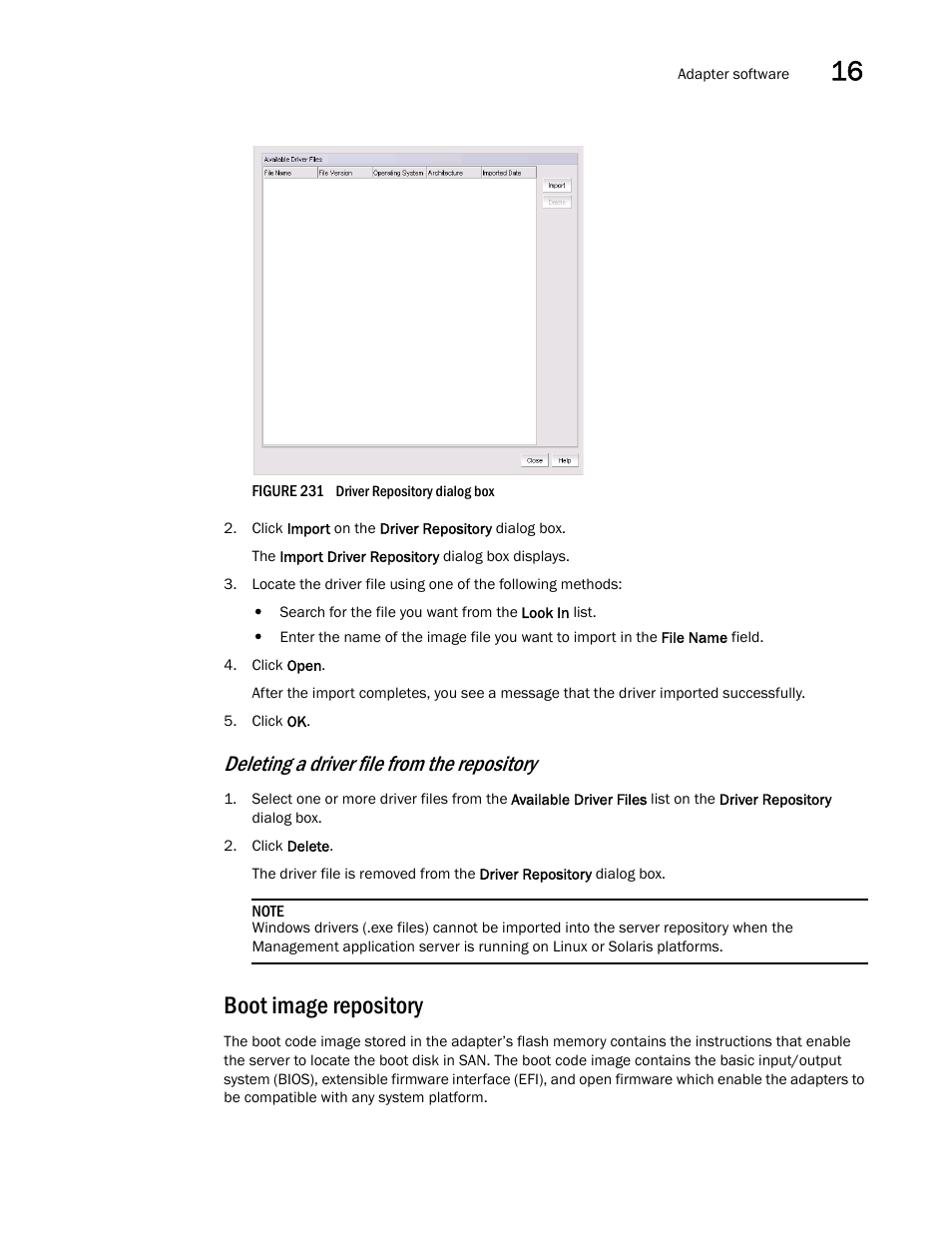 Boot image repository, Figure 231, Deleting a driver file from the repository | Brocade Network Advisor IP User Manual v12.3.0 User Manual | Page 629 / 1928