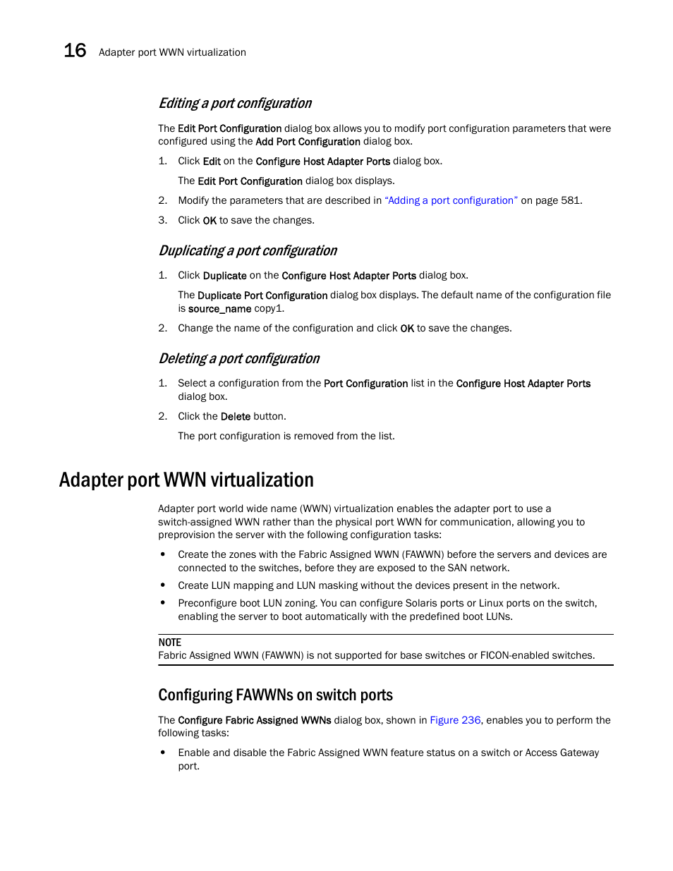 Adapter port wwn virtualization, Configuring fawwns on switch ports, Editing a port configuration | Duplicating a port configuration, Deleting a port configuration | Brocade Network Advisor IP User Manual v12.3.0 User Manual | Page 636 / 1928