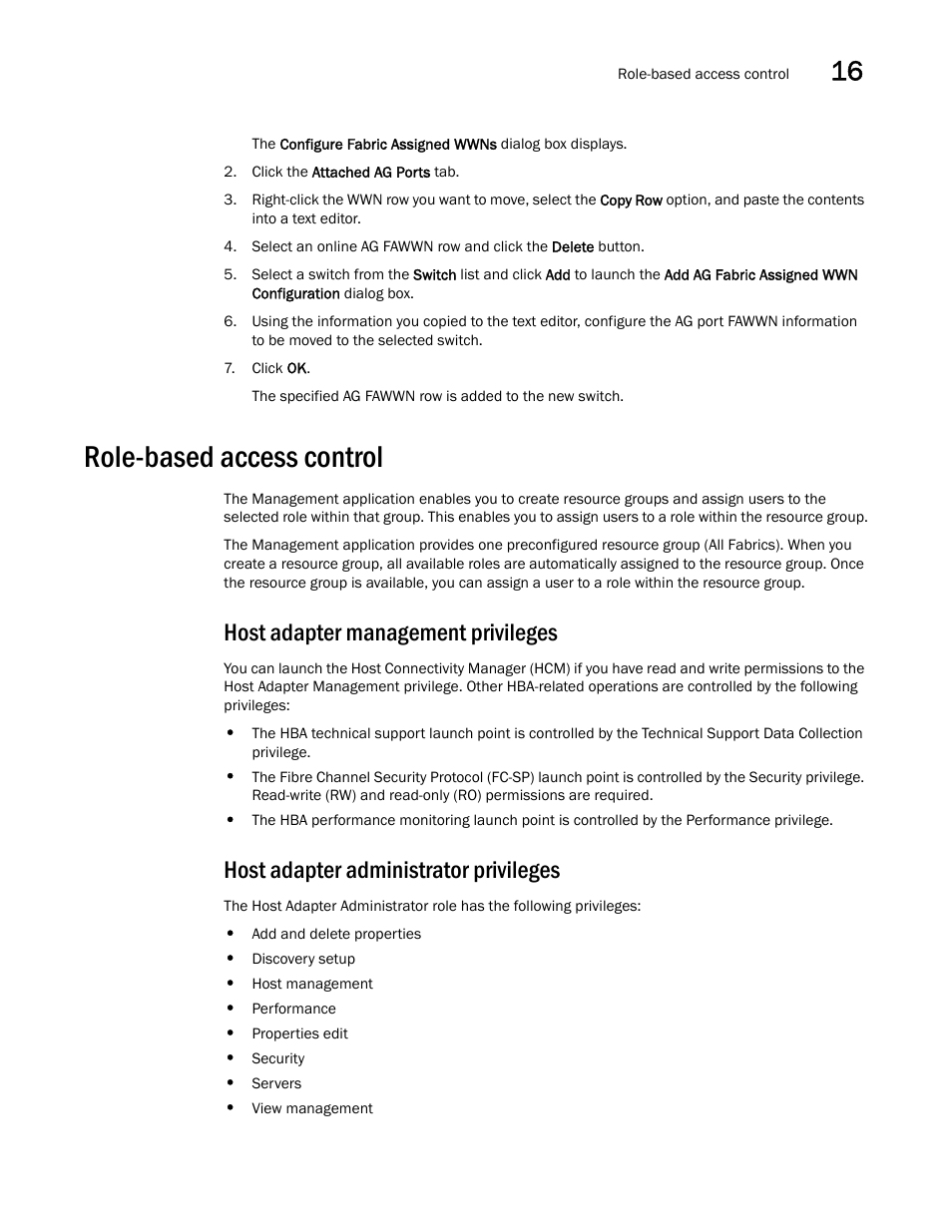 Role-based access control, Host adapter management privileges, Host adapter administrator privileges | Brocade Network Advisor IP User Manual v12.3.0 User Manual | Page 641 / 1928