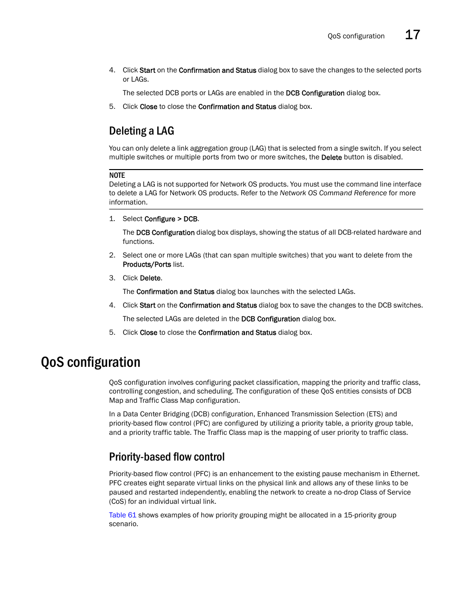 Deleting a lag, Qos configuration, Priority-based flow control | Brocade Network Advisor IP User Manual v12.3.0 User Manual | Page 669 / 1928