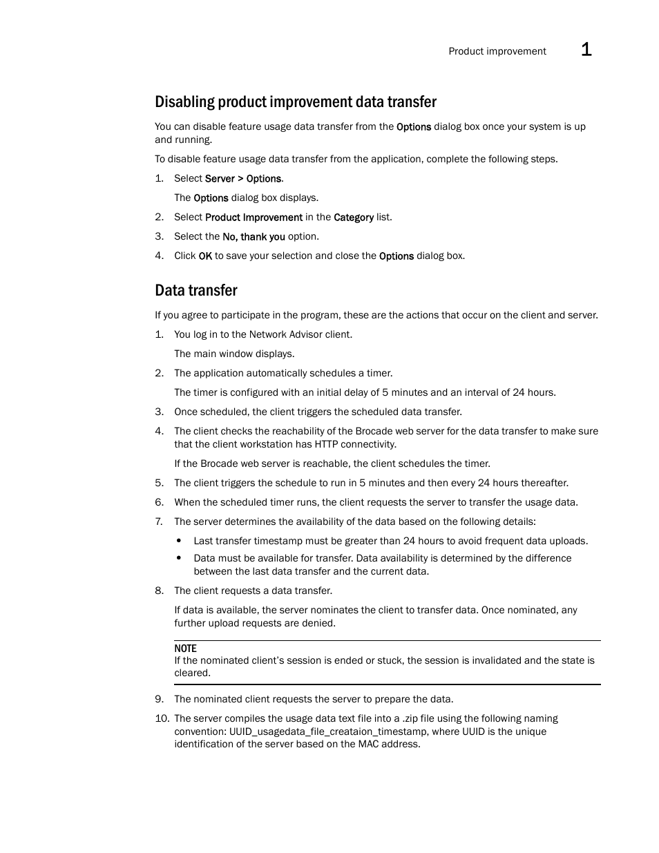 Disabling product improvement data transfer, Data transfer | Brocade Network Advisor IP User Manual v12.3.0 User Manual | Page 75 / 1928