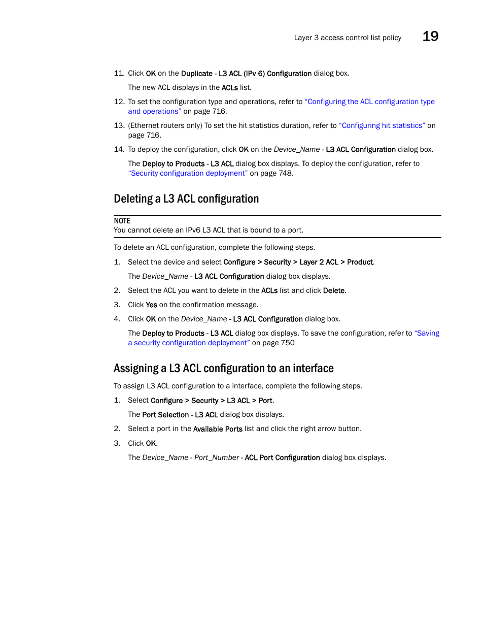 Deleting a l3 acl configuration, Assigning a l3 acl configuration to an interface | Brocade Network Advisor IP User Manual v12.3.0 User Manual | Page 765 / 1928