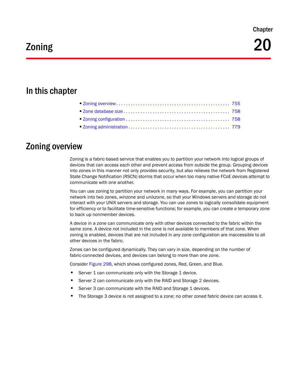 Zoning, Zoning overview, Chapter 20 | Chapter 20, “zoning | Brocade Network Advisor IP User Manual v12.3.0 User Manual | Page 807 / 1928