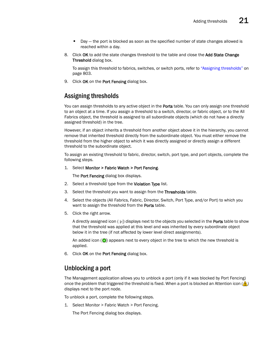 Assigning thresholds, Unblocking a port | Brocade Network Advisor IP User Manual v12.3.0 User Manual | Page 855 / 1928