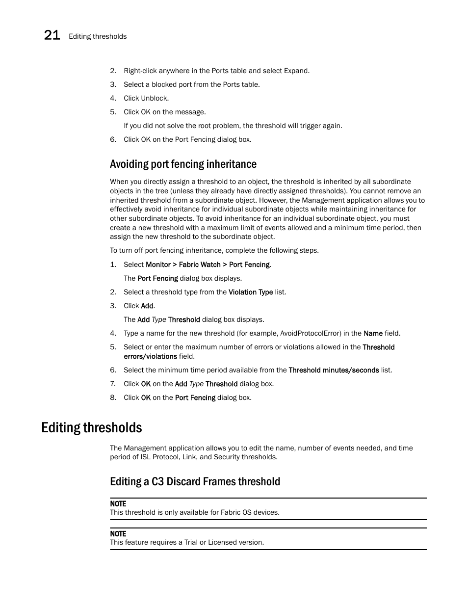 Avoiding port fencing inheritance, Editing thresholds, Editing a c3 discard frames threshold | Brocade Network Advisor IP User Manual v12.3.0 User Manual | Page 856 / 1928