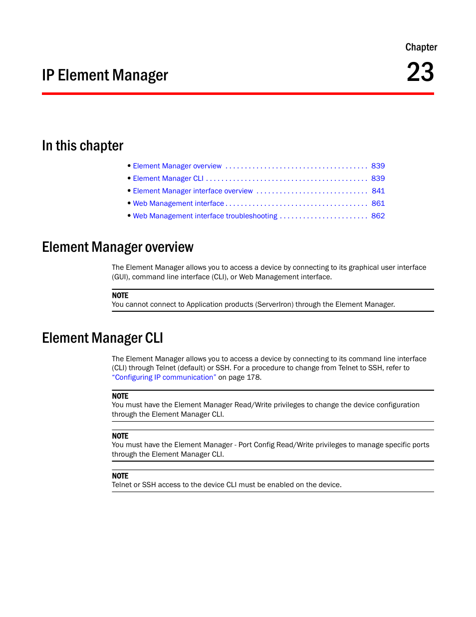 Ip element manager, Element manager overview, Element manager cli | Chapter 23, Chapter 23, “ip element manager | Brocade Network Advisor IP User Manual v12.3.0 User Manual | Page 891 / 1928