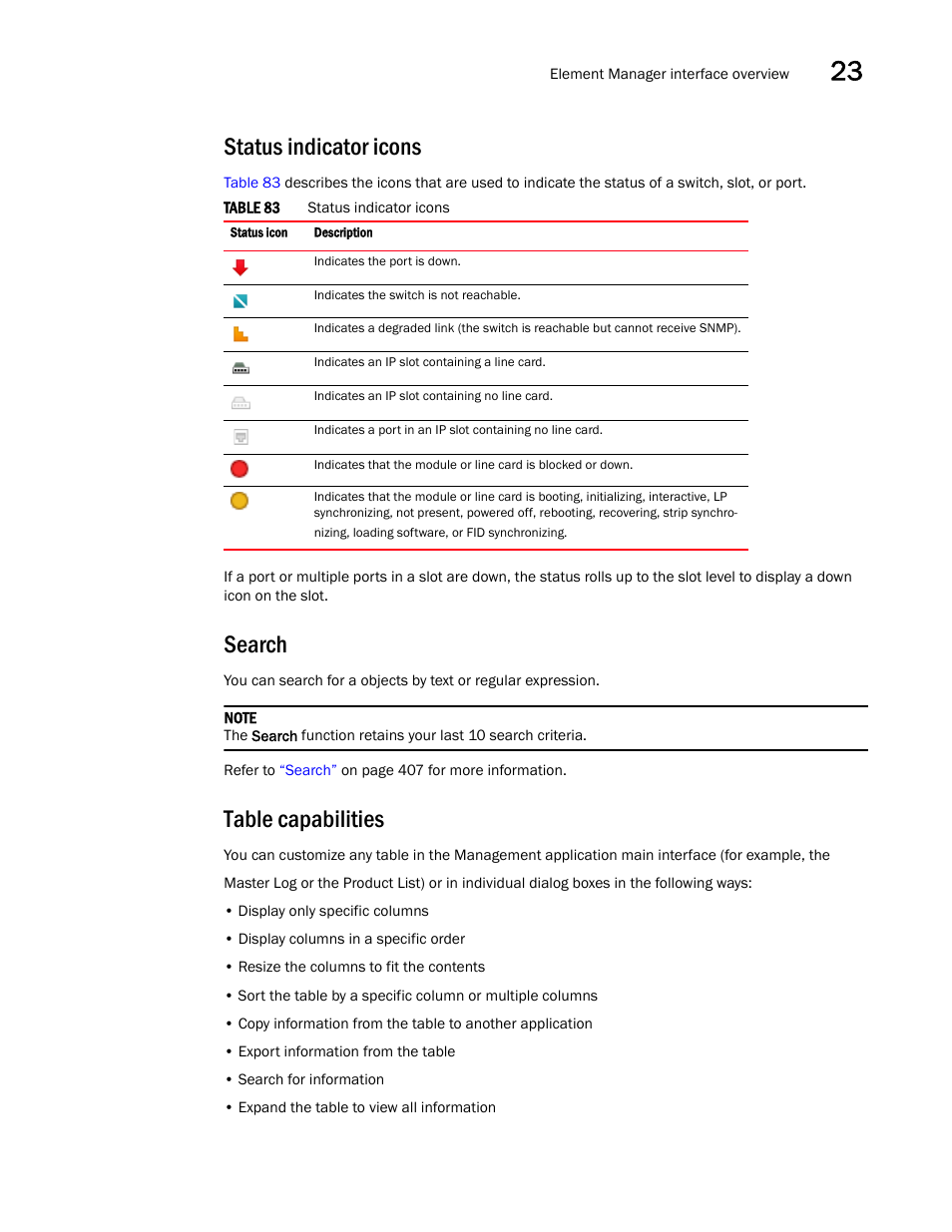 Status indicator icons, Search, Table capabilities | Brocade Network Advisor IP User Manual v12.3.0 User Manual | Page 901 / 1928