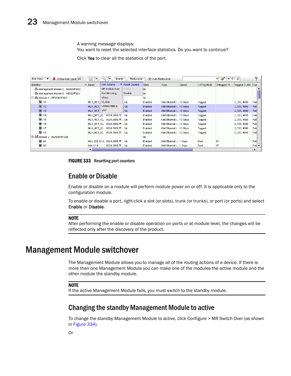 Enable or disable, Management module switchover, Figure 333 | Changing the standby management module to active | Brocade Network Advisor IP User Manual v12.3.0 User Manual | Page 904 / 1928