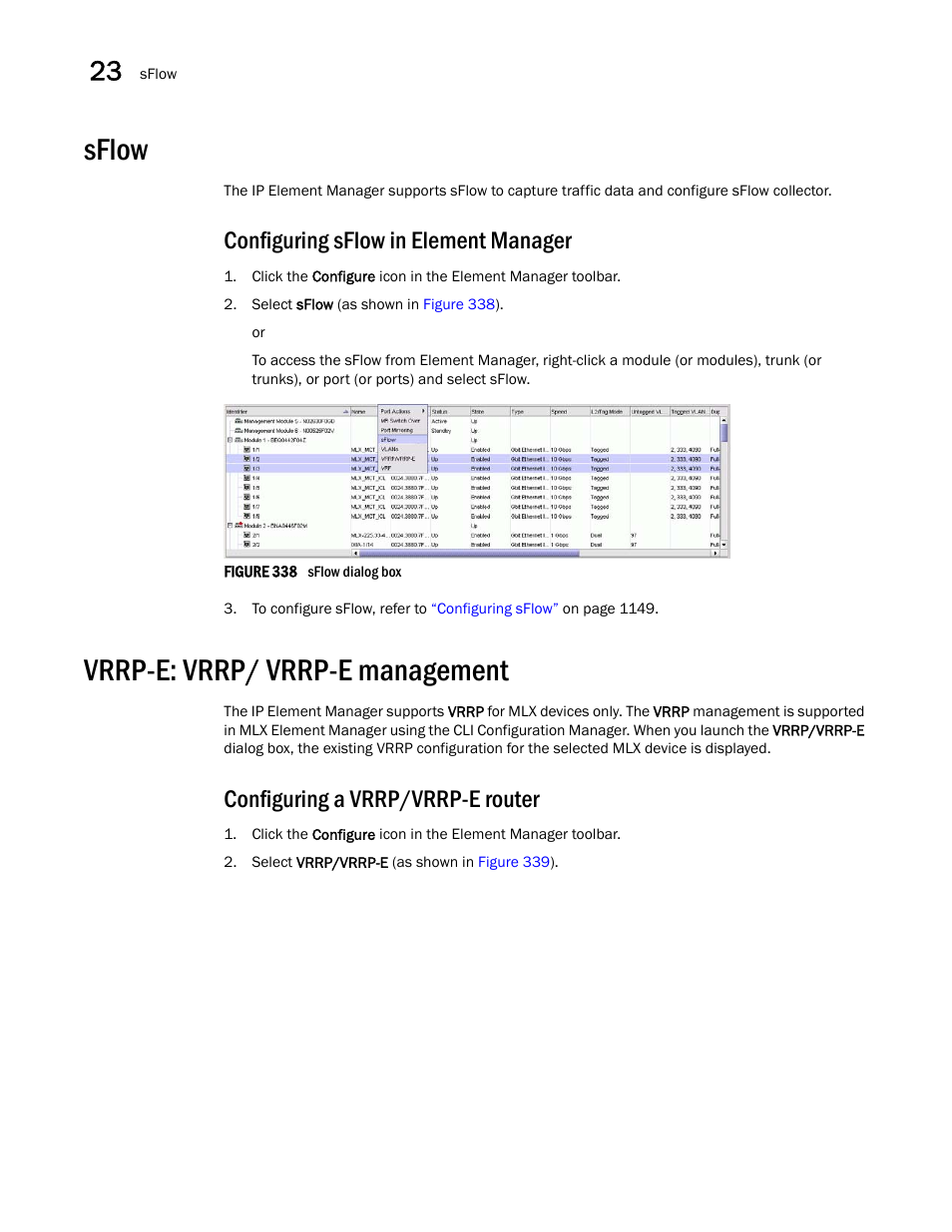 Sflow, Vrrp-e: vrrp/ vrrp-e management, Configuring sflow in element manager | Configuring a vrrp/vrrp-e router | Brocade Network Advisor IP User Manual v12.3.0 User Manual | Page 908 / 1928