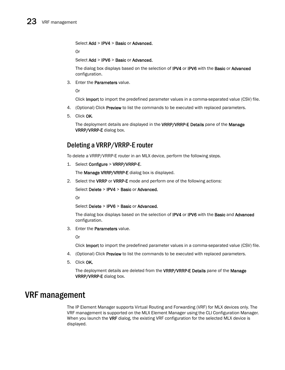 Vrf management, Deleting a vrrp/vrrp-e router | Brocade Network Advisor IP User Manual v12.3.0 User Manual | Page 910 / 1928