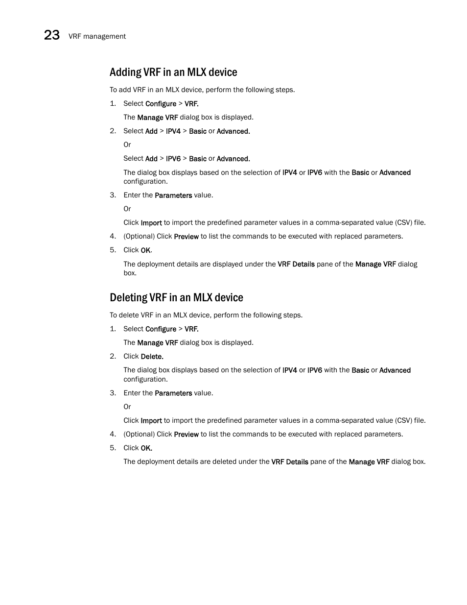 Adding vrf in an mlx device, Deleting vrf in an mlx device | Brocade Network Advisor IP User Manual v12.3.0 User Manual | Page 912 / 1928