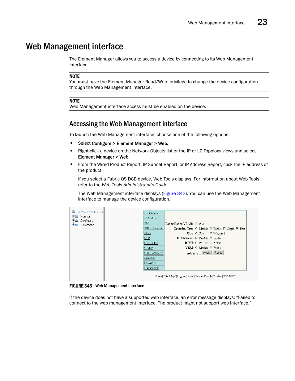 Web management interface, Accessing the web management interface | Brocade Network Advisor IP User Manual v12.3.0 User Manual | Page 913 / 1928