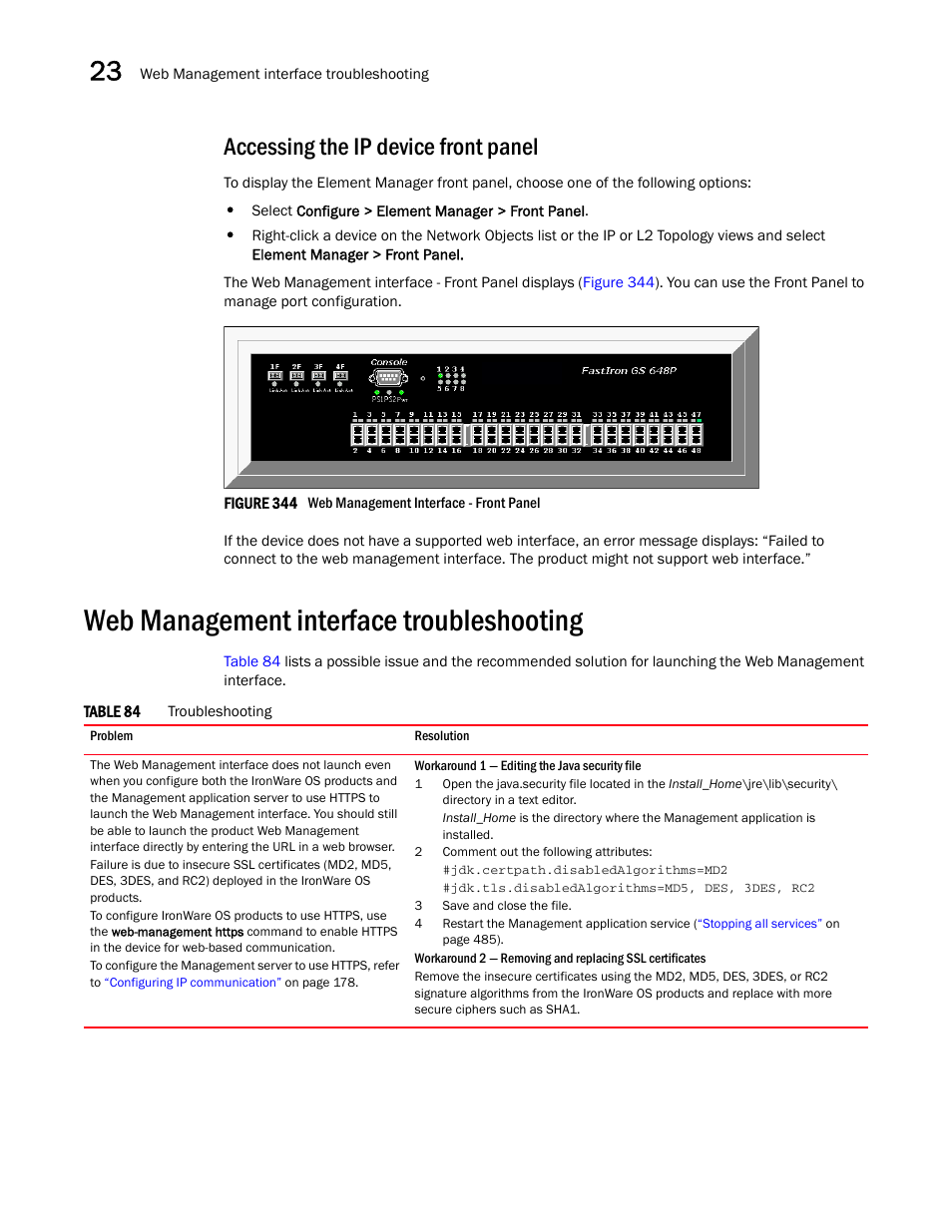 Web management interface troubleshooting, Accessing the ip device front panel | Brocade Network Advisor IP User Manual v12.3.0 User Manual | Page 914 / 1928