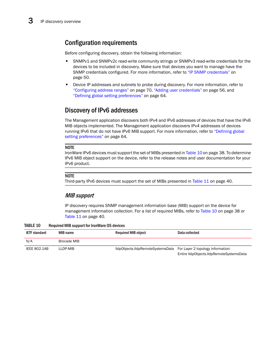 Discovery of ipv6 addresses, Configuration requirements, Mib support | Brocade Network Advisor IP User Manual v12.3.0 User Manual | Page 92 / 1928