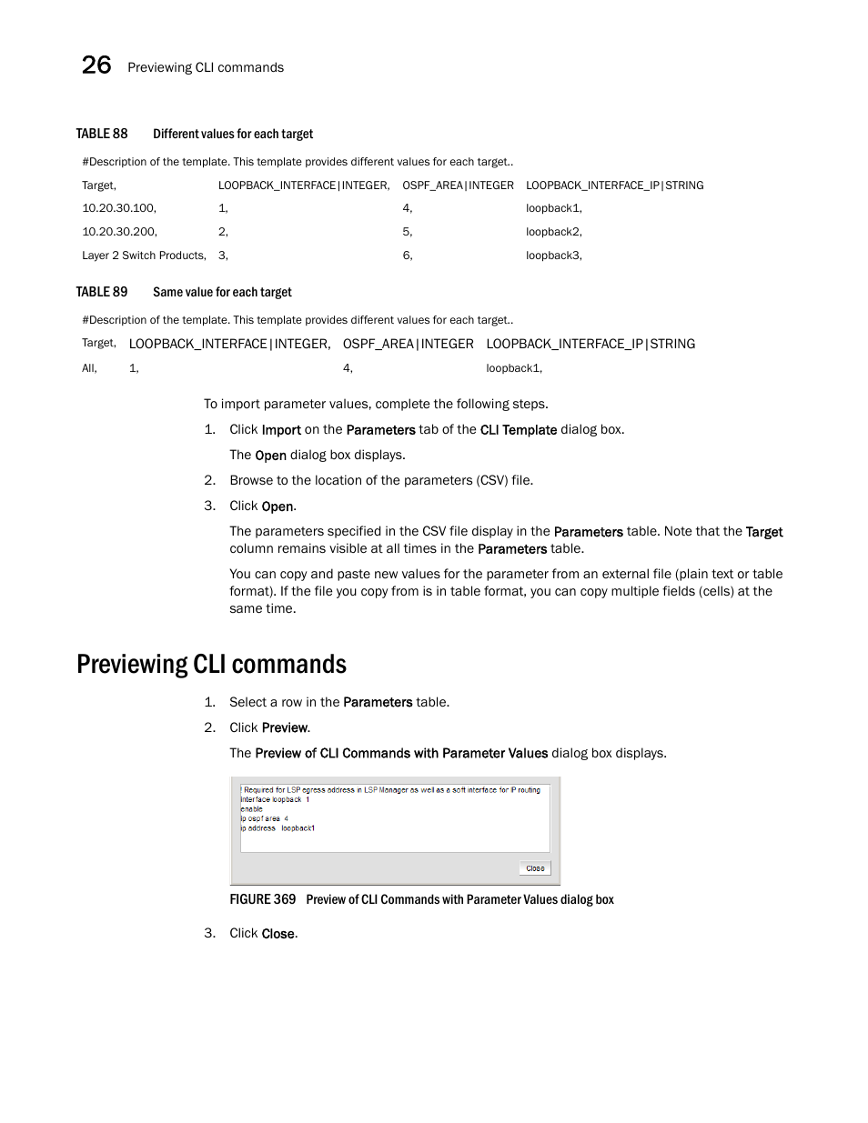 Previewing cli commands, Table 88, Table 89 | Brocade Network Advisor IP User Manual v12.3.0 User Manual | Page 966 / 1928