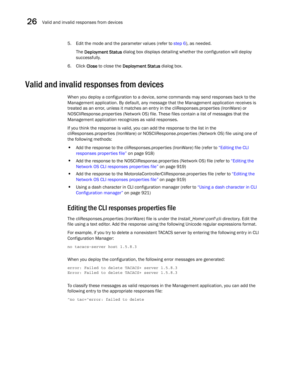 Valid and invalid responses from devices, Editing the cli responses properties file, Step 5 | Brocade Network Advisor IP User Manual v12.3.0 User Manual | Page 970 / 1928