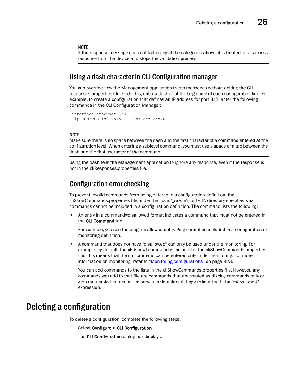 Configuration error checking, Deleting a configuration, Using a dash character in cli | Configuration manager | Brocade Network Advisor IP User Manual v12.3.0 User Manual | Page 973 / 1928